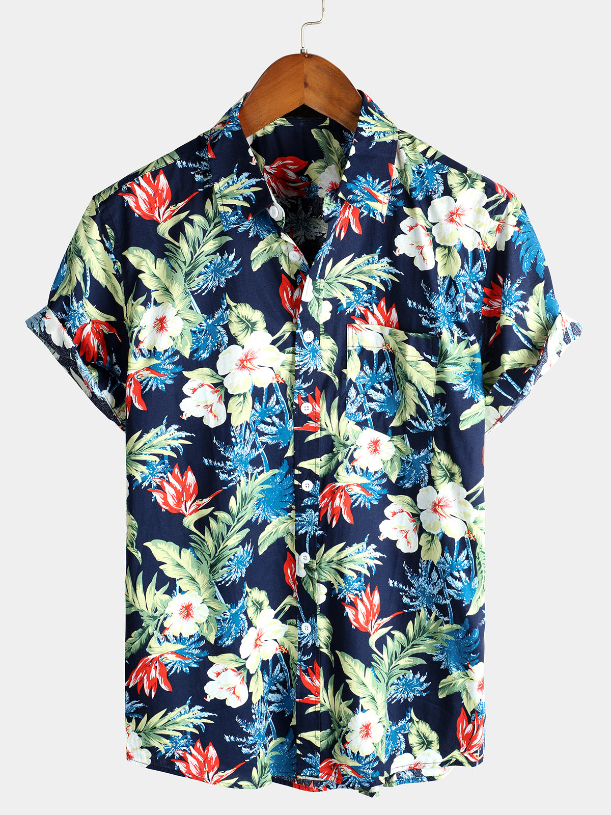 Men's Blue Tropical Floral Print Holiday Cotton Shirt