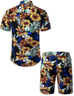 Men's Flower Casual Button Down Hawaiian Shirts&Shorts