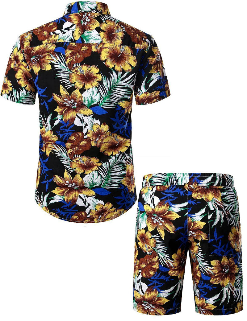 Men's Flower Casual Button Down Hawaiian Shirts&Shorts