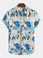 Men's Blue Floral Cotton Tropical Hawaiian Short Sleeve Shirt