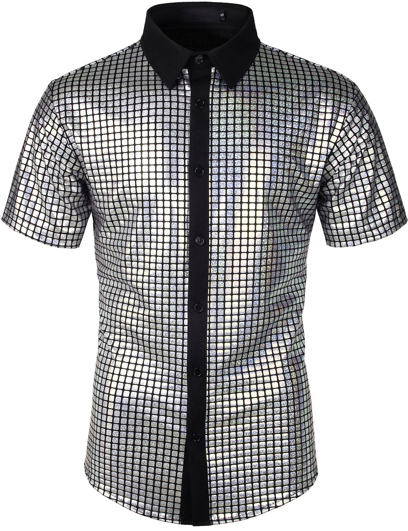 Men's Dress Shirt Sequins Short Sleeves Button Down Shirts Disco Party Costume