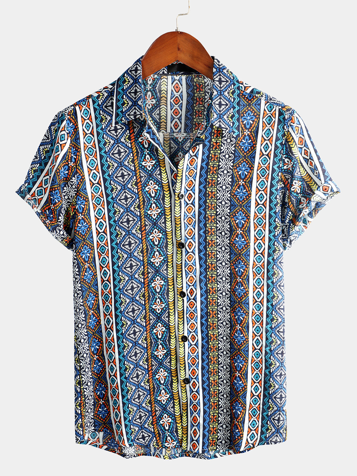 Men's Patchwork Printed Short Sleeve Cotton Shirt