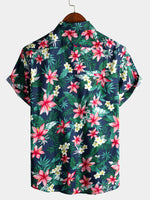 Men's Blue Tropical Floral Print Holiday Cotton Shirt