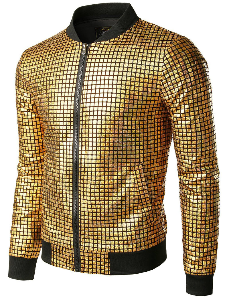 Men's Metallic Sequins Baseball Bomber Jacket Disco Party Costume