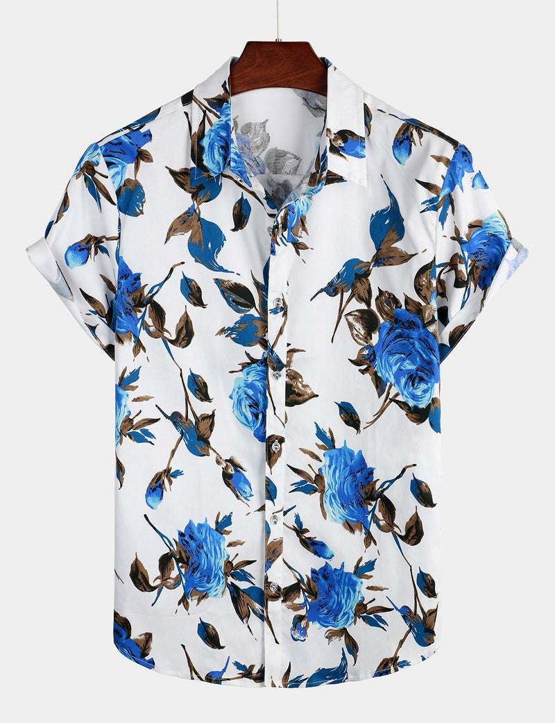 Men's Floral Printed Casual Cotton Short Sleeve Shirt