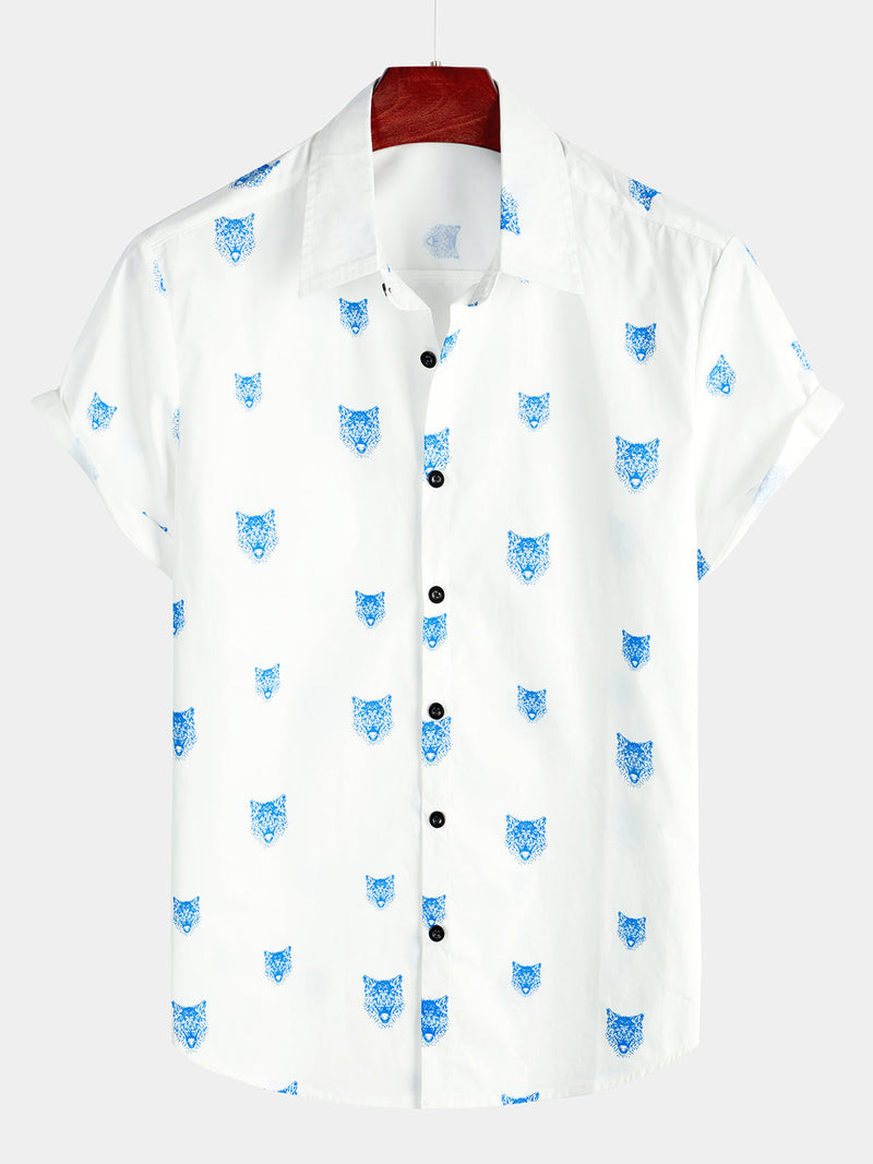 Men's Wolf Animal Print Button Casual Lapel White Short Sleeve Shirt