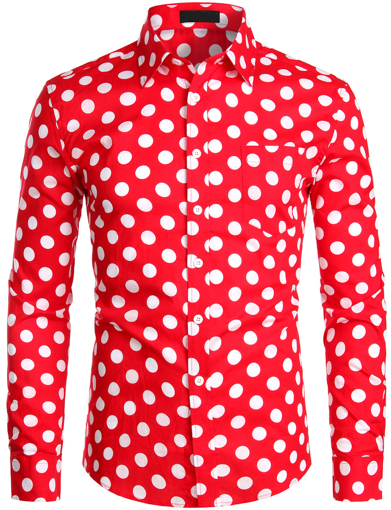 Men's Polka Dots Pocket Cotton Long Sleeve Shirt