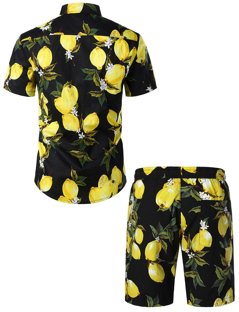 Men's Lemon Print Cotton Hawaiian Shirt & Shorts Set