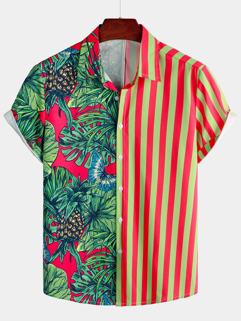 Men's Pineapple & Striped Print Holiday Short Sleeve Shirt