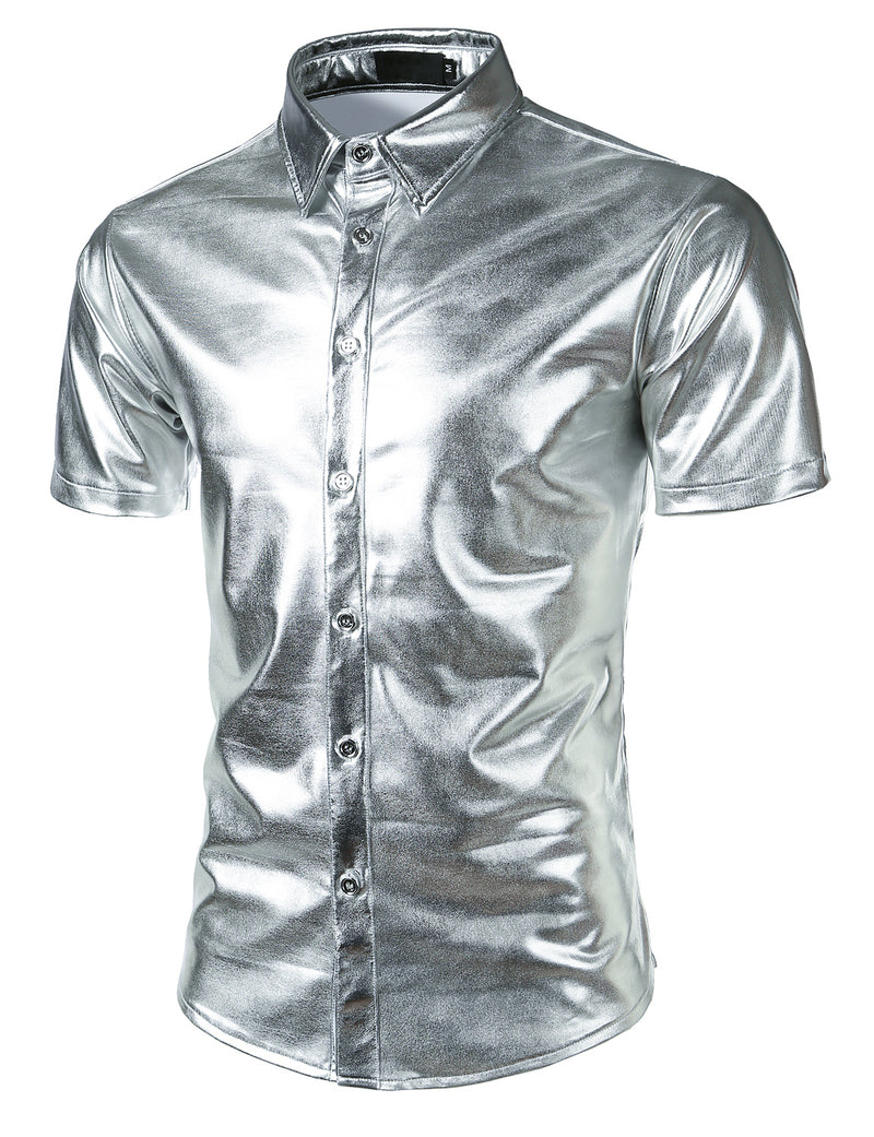 Mens Metallic Shiny Nightclub Styles Short Sleeves Button Down Dress Shirts