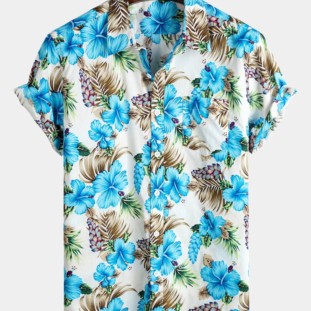 Men's Casual Tropical Floral Print Cotton Short Sleeve Shirt