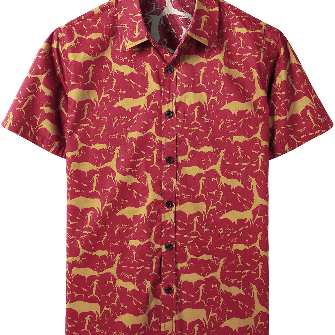 Men's Cotton Vintage Animal Print Red Retro Tribal Button Up Short Sleeve Shirt