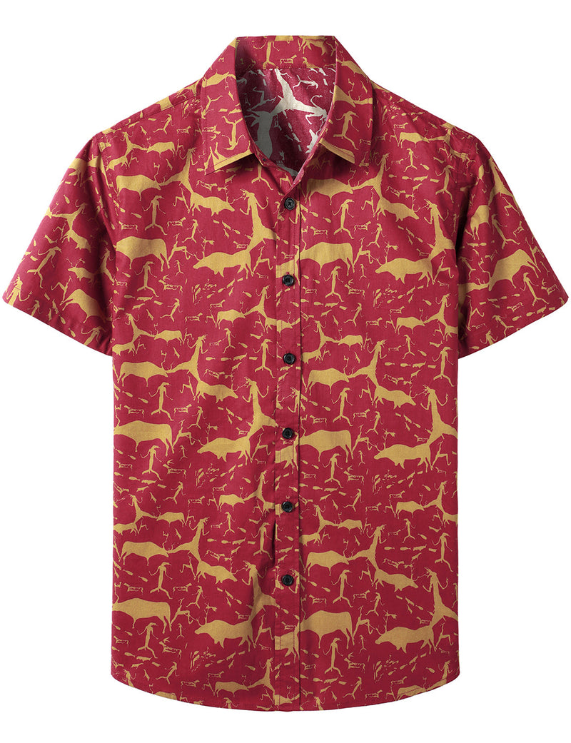 Men's Cotton Vintage Animal Print Red Retro Tribal Button Up Short Sleeve Shirt
