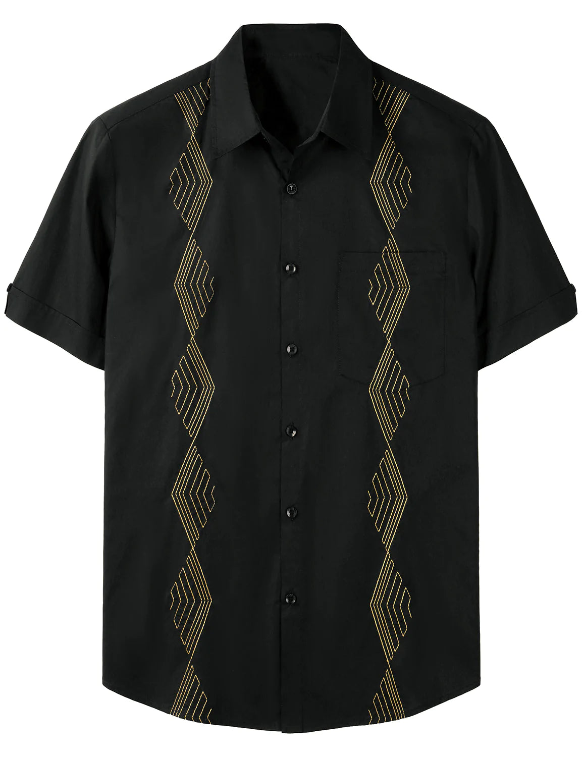 Men's Cotton Embroidered Guayabera Geometric Short Sleeve Button Up Pocket Black Beach Shirt