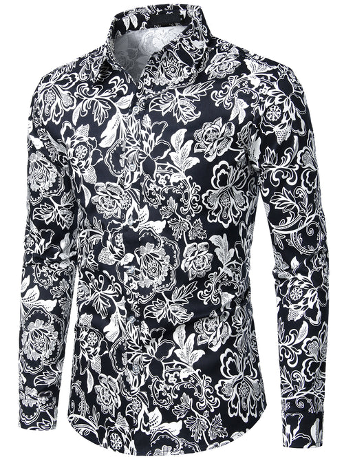 Men's Floral Cotton Casual Button Up Long Sleeve Shirt