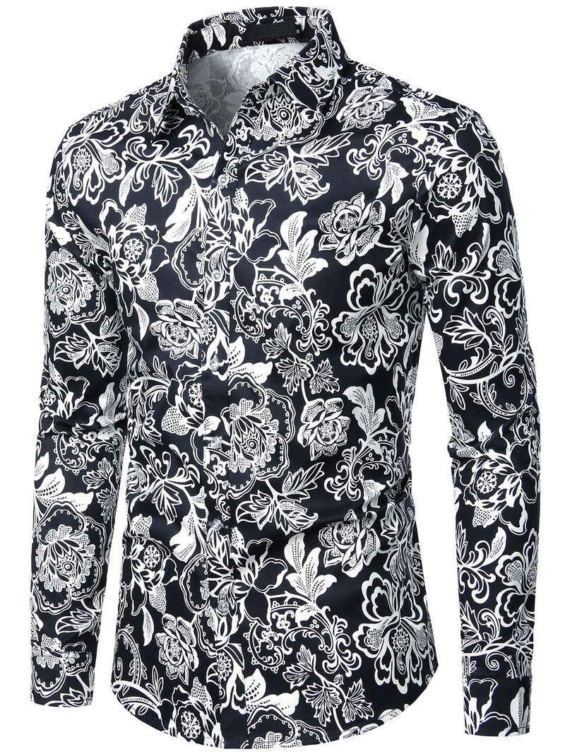 Men's Floral Cotton Casual Button Up Long Sleeve Shirt