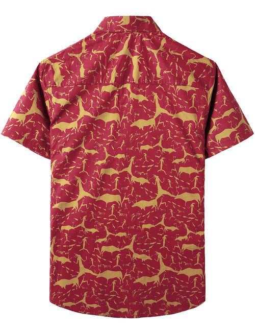 Men's Cotton Vintage Animal Print Red Retro Tribal Button Up Short Sleeve Shirt