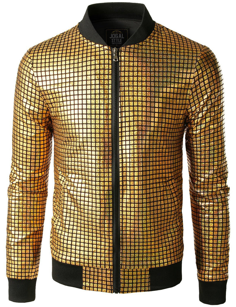 Men's Metallic Sequins Baseball Bomber Jacket Disco Party Costume