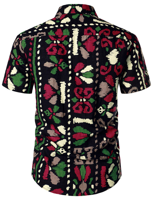 Men's Retro Tribal Floral Print Summer Short Sleeve Bohemian Black Shirt