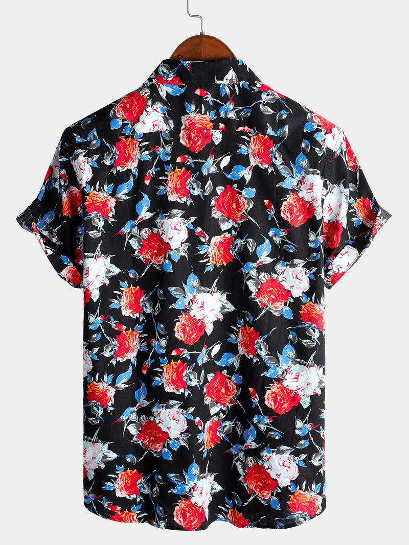 Men's Rose Pocket Black Floral Holiday Cotton Shirt