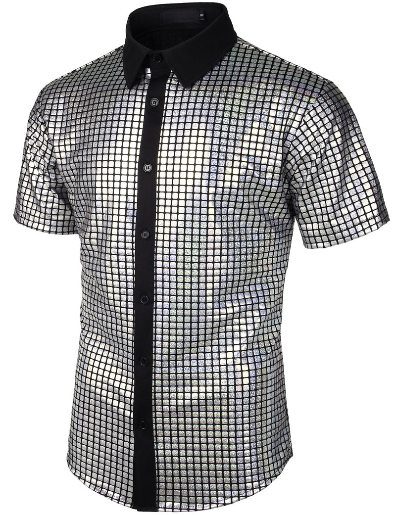 Men's Dress Shirt Sequins Short Sleeves Button Down Shirts Disco Party Costume