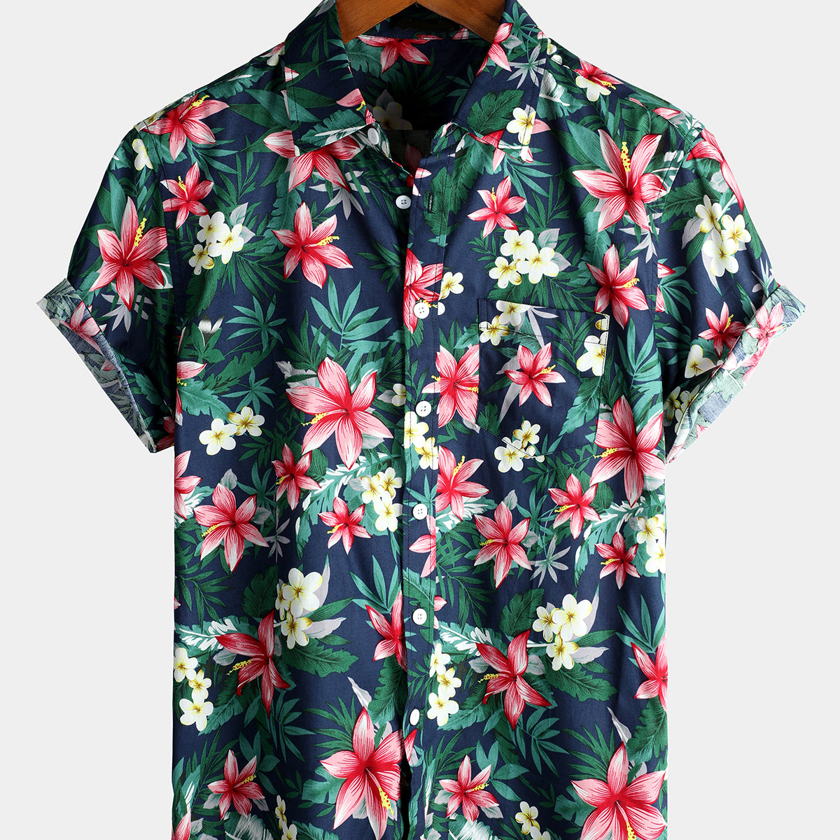 Men's Blue Tropical Floral Print Holiday Cotton Short Sleeve Shirt
