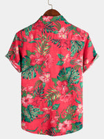 Men's Red Flower Tropical Hawaiian Cotton Short Sleeve Shirt