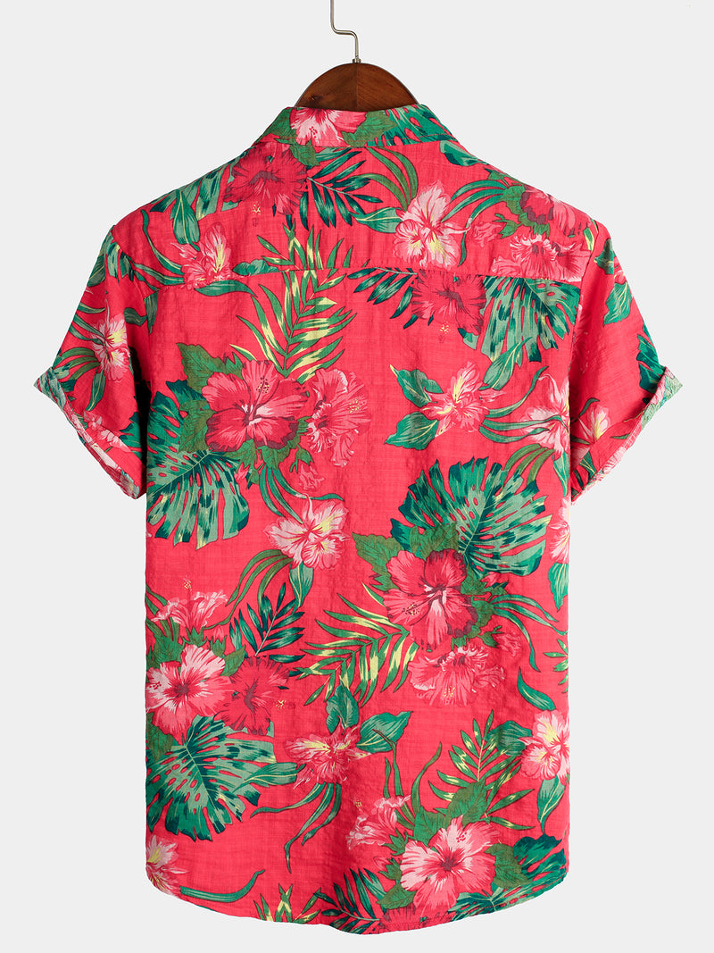 Men's Red Flower Tropical Hawaiian Cotton Short Sleeve Shirt