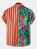Men's Pineapple & Striped Print Holiday Short Sleeve Shirt