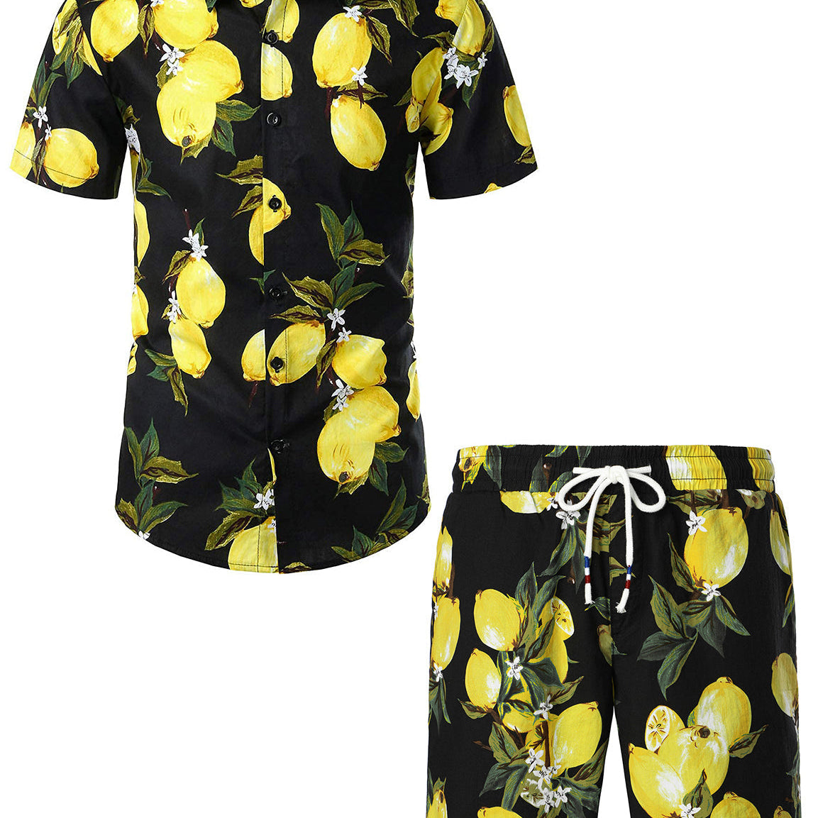 Men's Lemon Print Cotton Hawaiian Shirt & Shorts Set