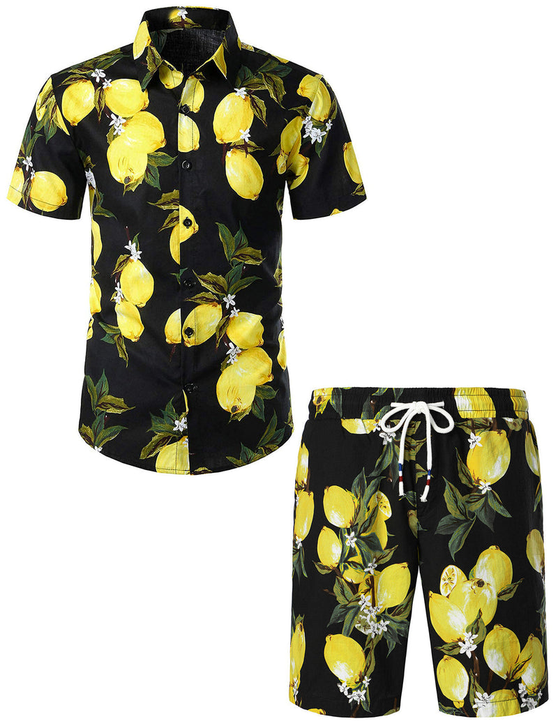 Men's Lemon Print Cotton Hawaiian Shirt & Shorts Set