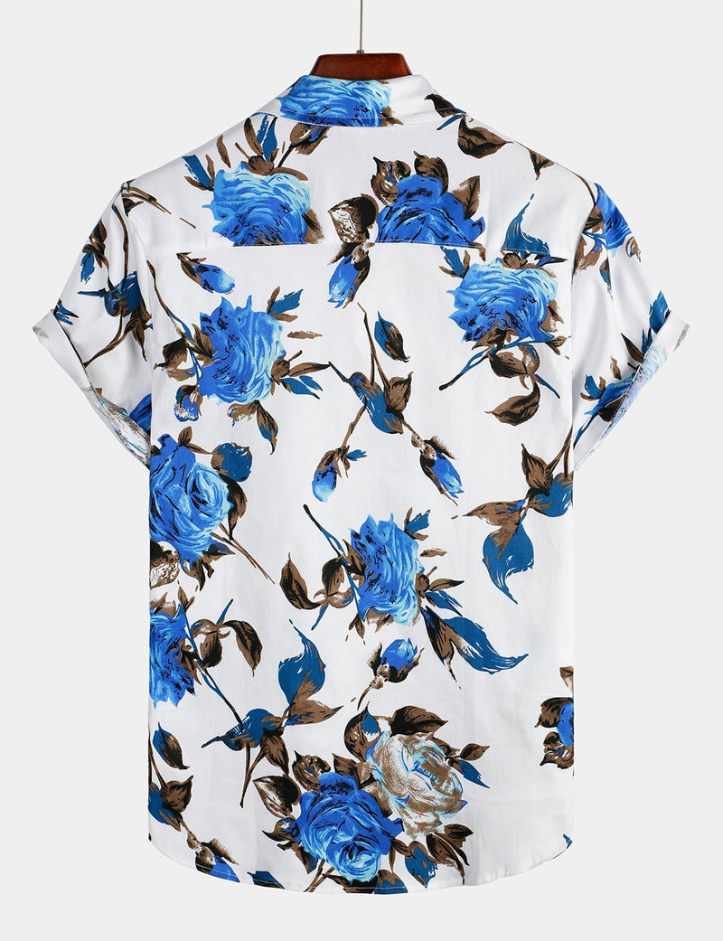 Men's Floral Printed Casual Cotton Short Sleeve Shirt