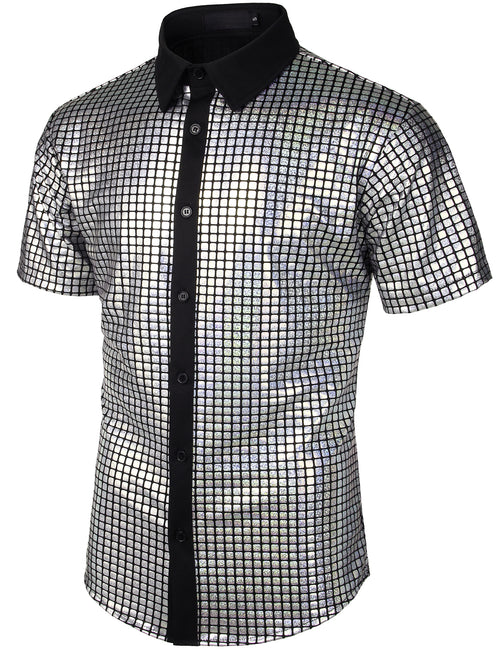 Men's Dress Shirt Sequins Short Sleeves Button Down Shirts Disco Party Costume