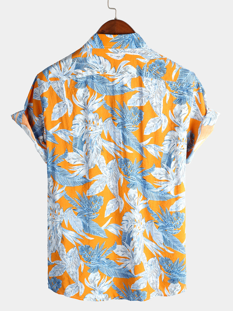 Men's Tropical Leaf Print Pocket Short Sleeve Shirt