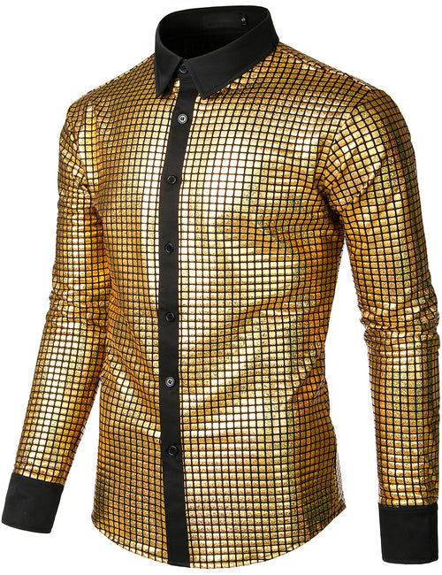 Men's Dress Shirt Sequins Button Down Long Sleeve Shirts Disco Party Costume