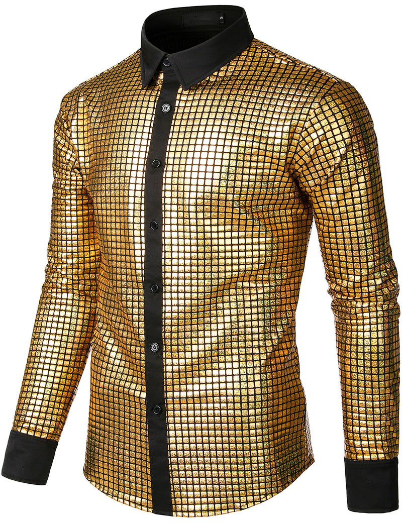 Men's Dress Shirt Sequins Button Down Long Sleeve Shirts Disco Party Costume