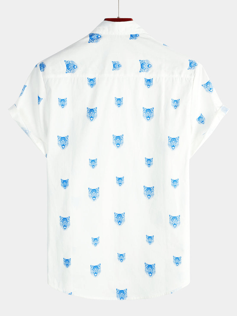 Men's Wolf Animal Print Button Casual Lapel White Short Sleeve Shirt