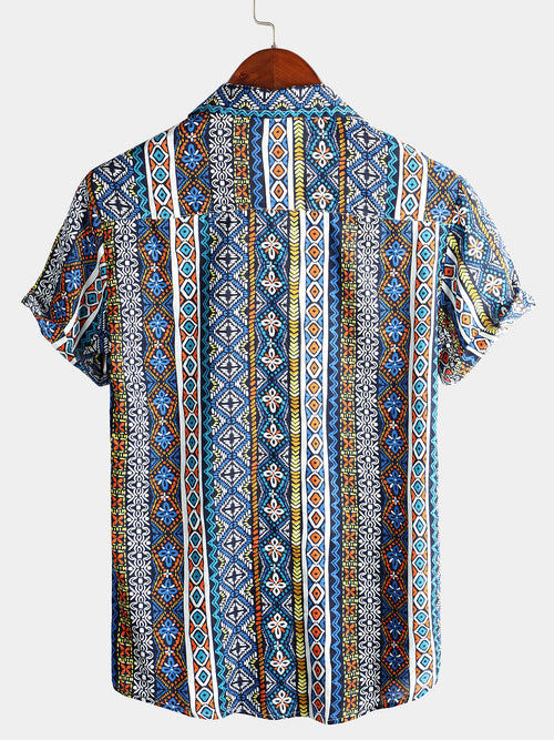 Men's Patchwork Printed Short Sleeve Cotton Shirt