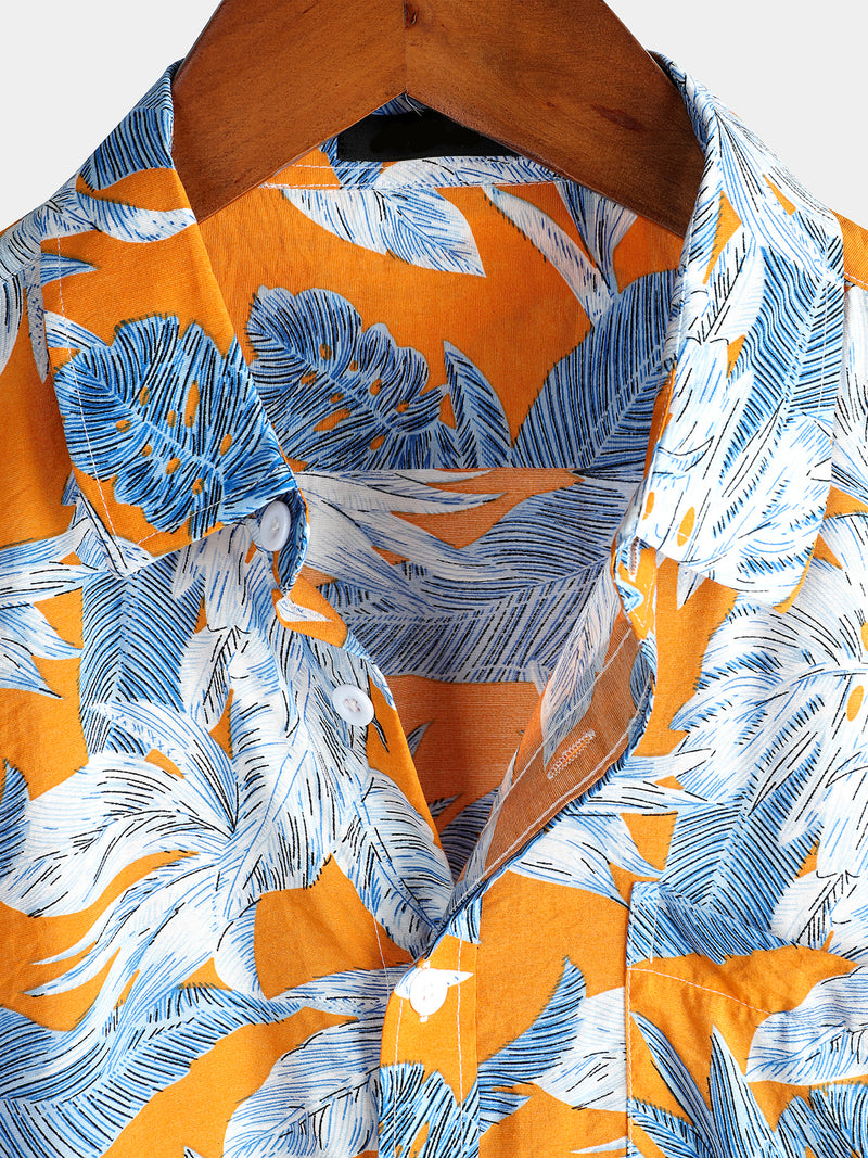 Men's Tropical Leaf Print Pocket Short Sleeve Shirt