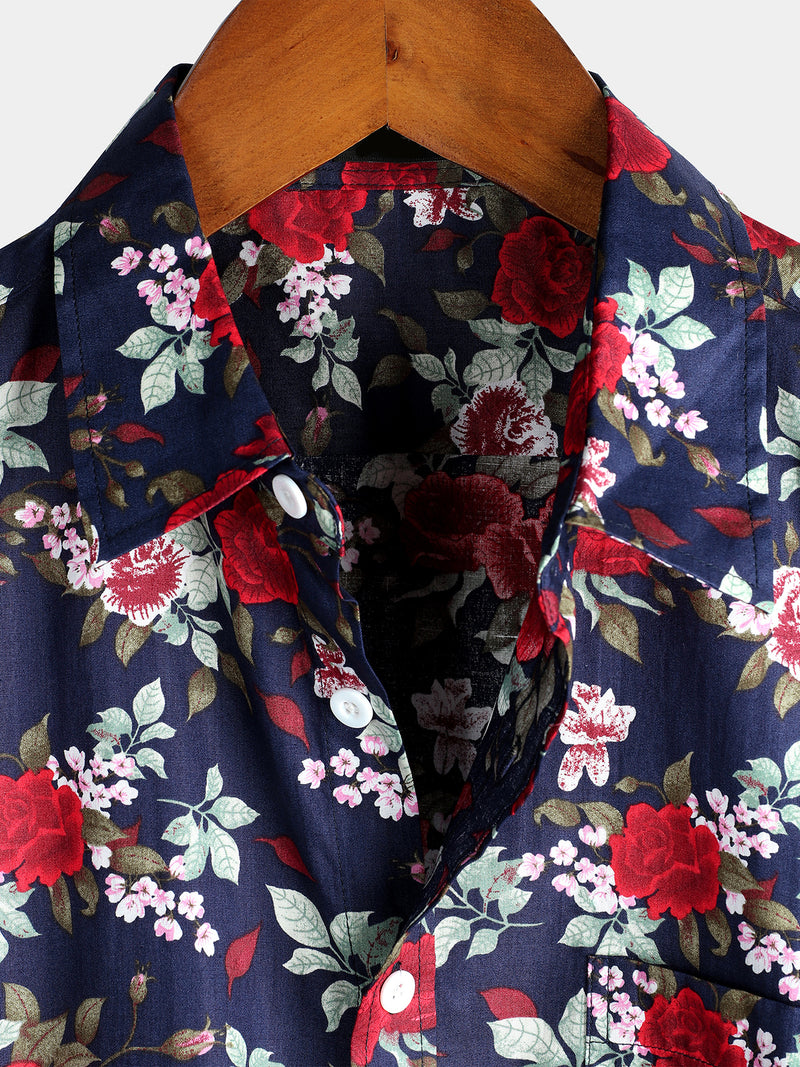 Men's Navy Blue Rose Holiday Cotton Shirt