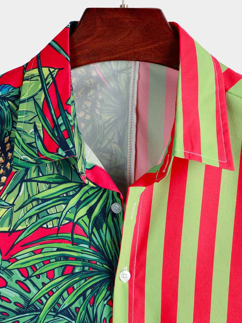 Men's Pineapple & Striped Print Holiday Short Sleeve Shirt