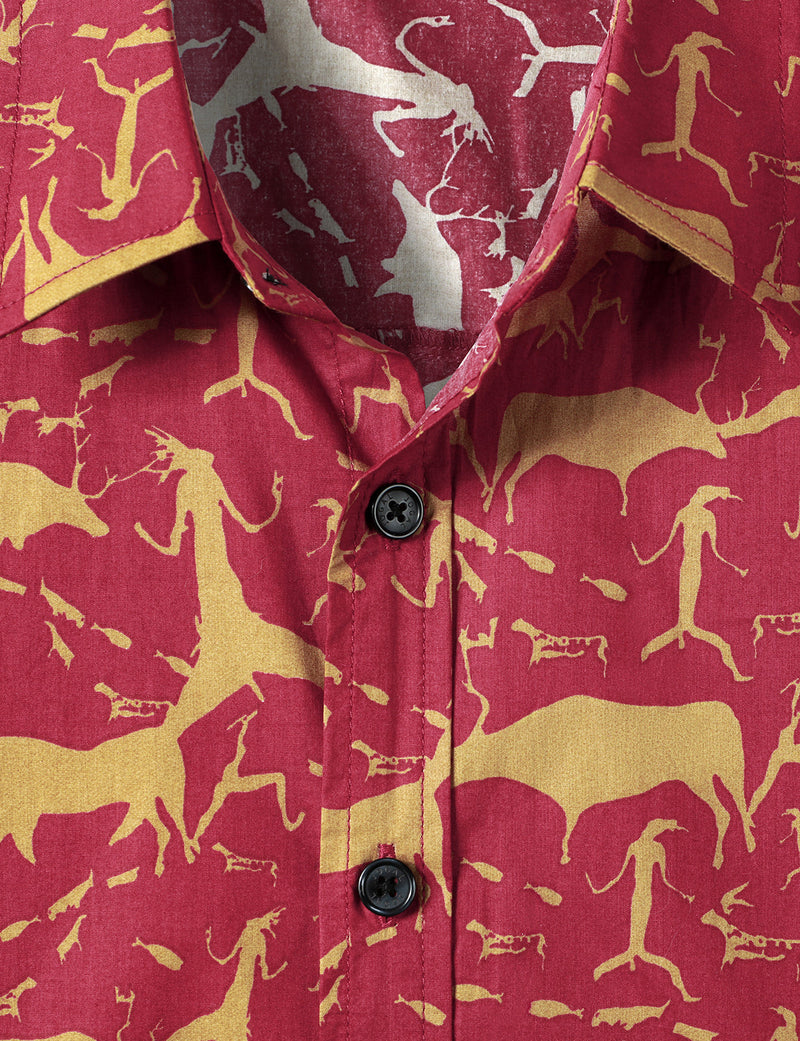 Men's Cotton Vintage Animal Print Red Retro Tribal Button Up Short Sleeve Shirt