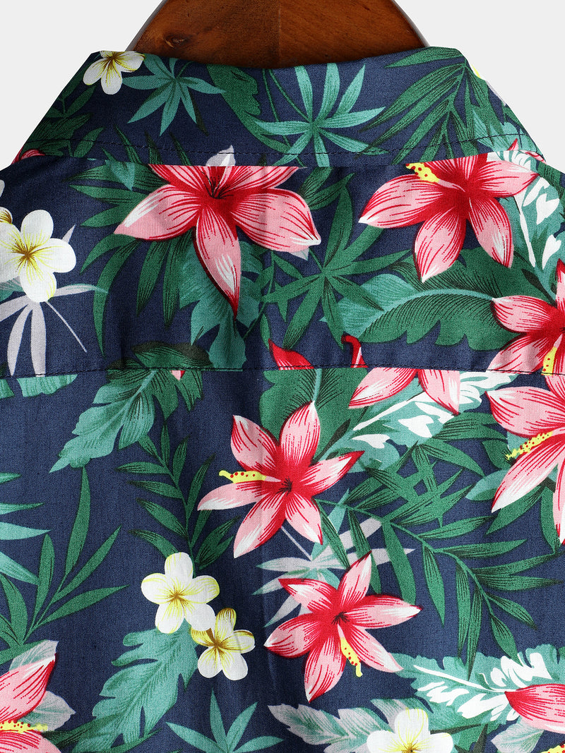 Men's Blue Tropical Floral Print Holiday Cotton Shirt