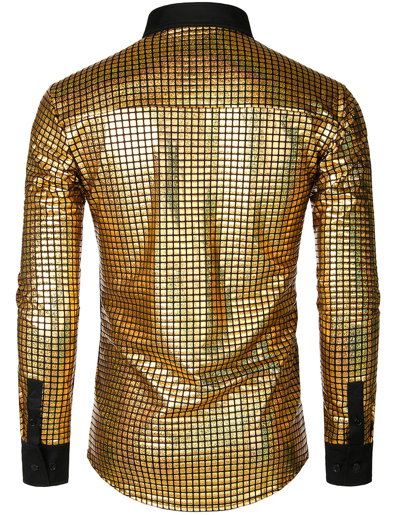 Men's Dress Shirt Sequins Button Down Long Sleeve Shirts Disco Party Costume