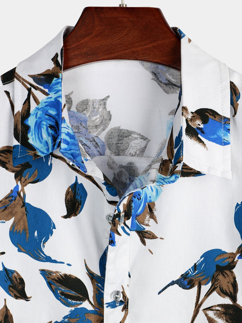 Men's Floral Printed Casual Cotton Short Sleeve Shirt