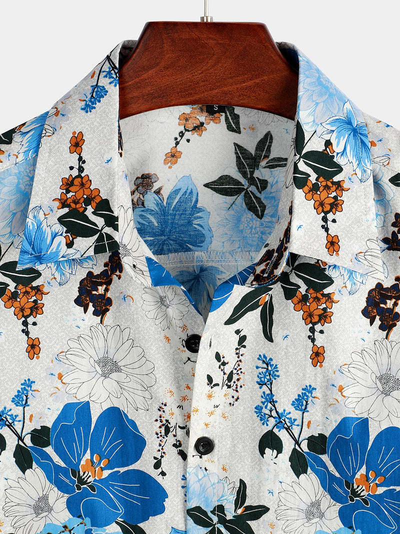 Men's Blue Floral Cotton Tropical Hawaiian Short Sleeve Shirt