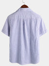Men's Striped Cotton Blue Summer Button Up Cuban Collar Camp Short Sleeve Beach Shirt