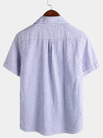 Men's Striped Cotton Blue Summer Button Up Cuban Collar Camp Short Sleeve Beach Shirt