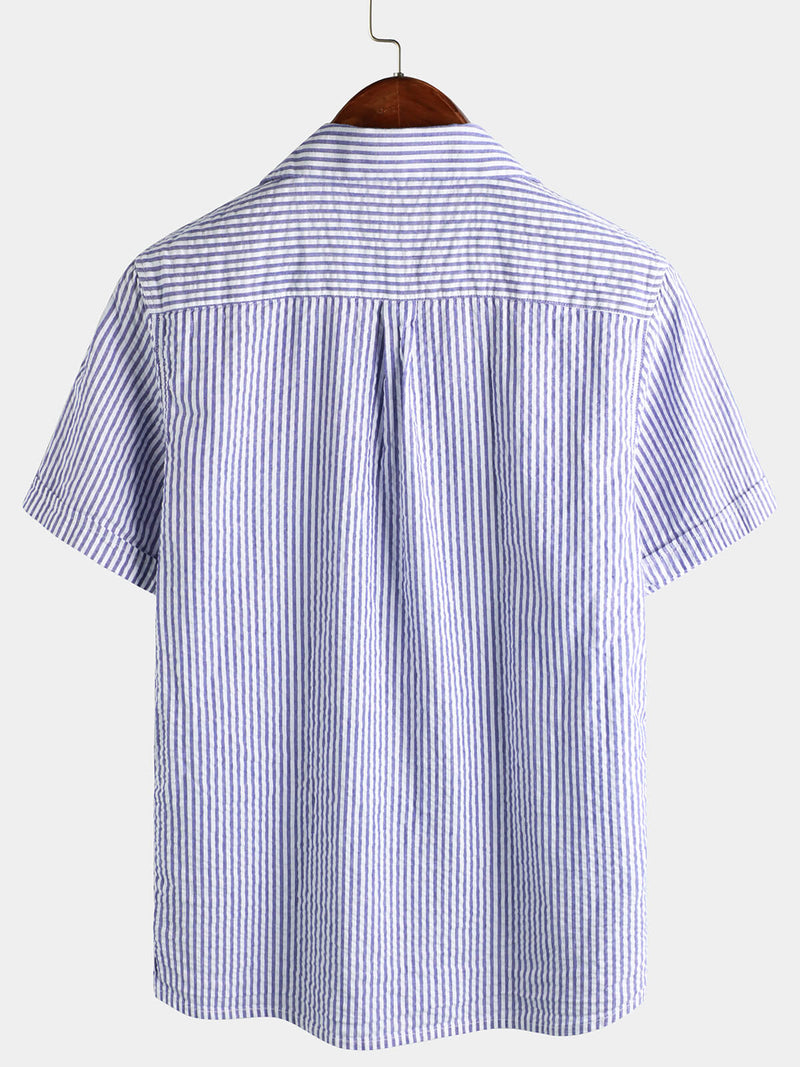 Men's Striped Cotton Blue Summer Button Up Cuban Collar Camp Short Sleeve Beach Shirt