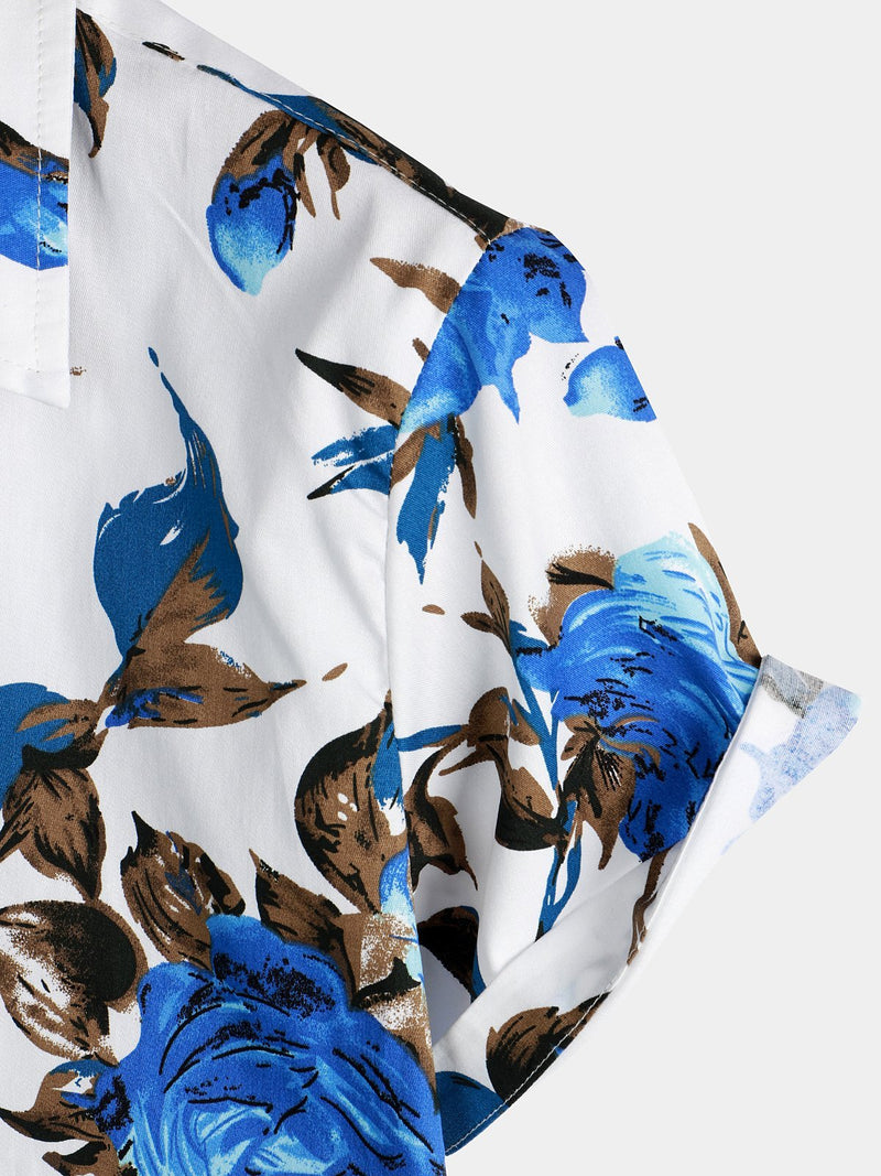 Men's Floral Printed Casual Cotton Short Sleeve Shirt